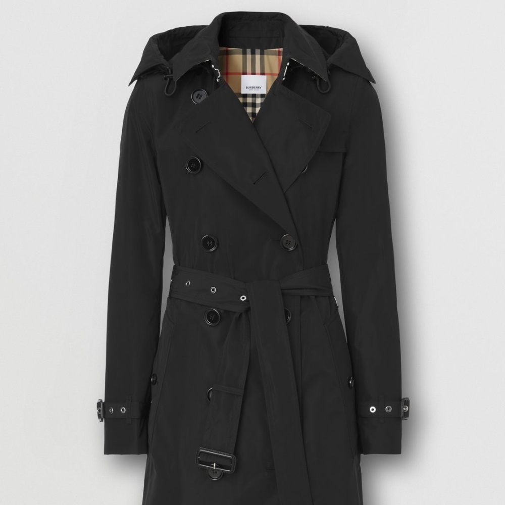 BURBERRY Kensington Trench Coat Black Taffeta Detachable Hood US 2 / UK 4